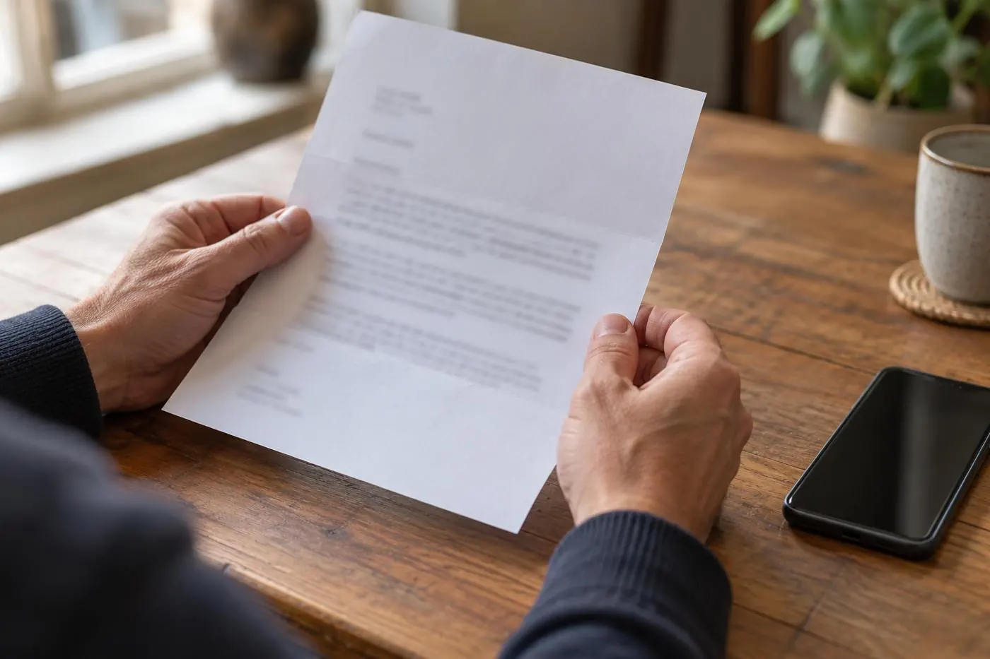Una persona lee su carta de despido en la mesa de casa
