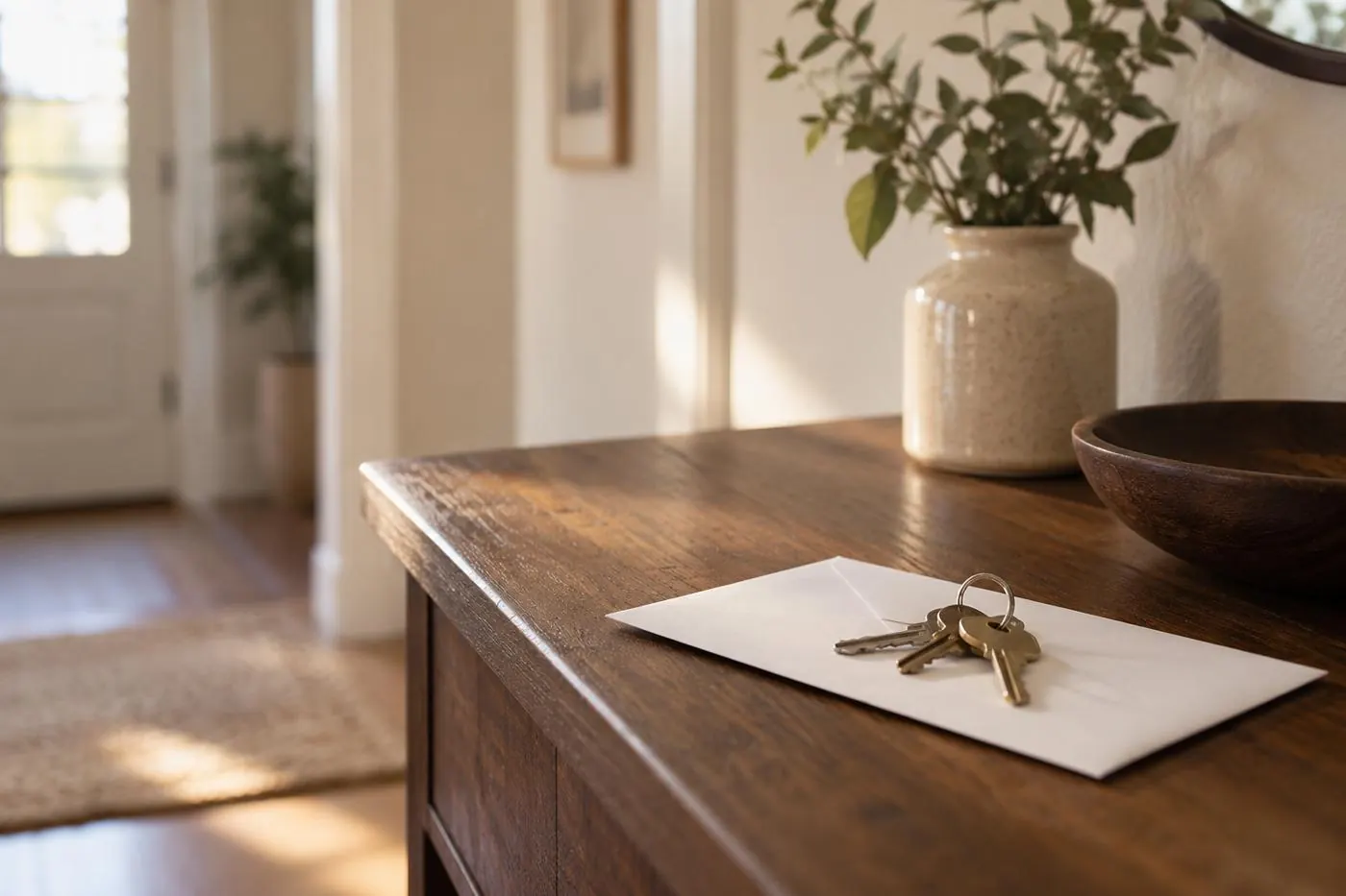 Llaves de un piso sobre un sobre en el mueble de la entrada