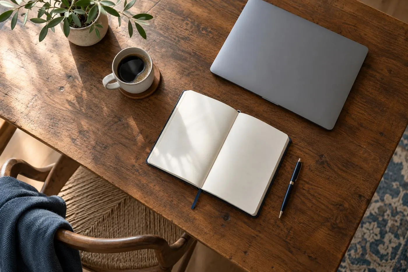 Mesa de trabajo con una libreta abierta, un portátil y un café